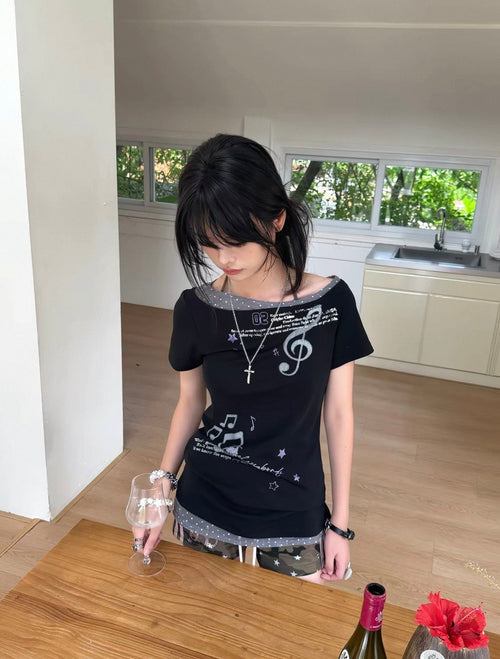 avenoir polka dot printing black off shoulder shirt / edit 01